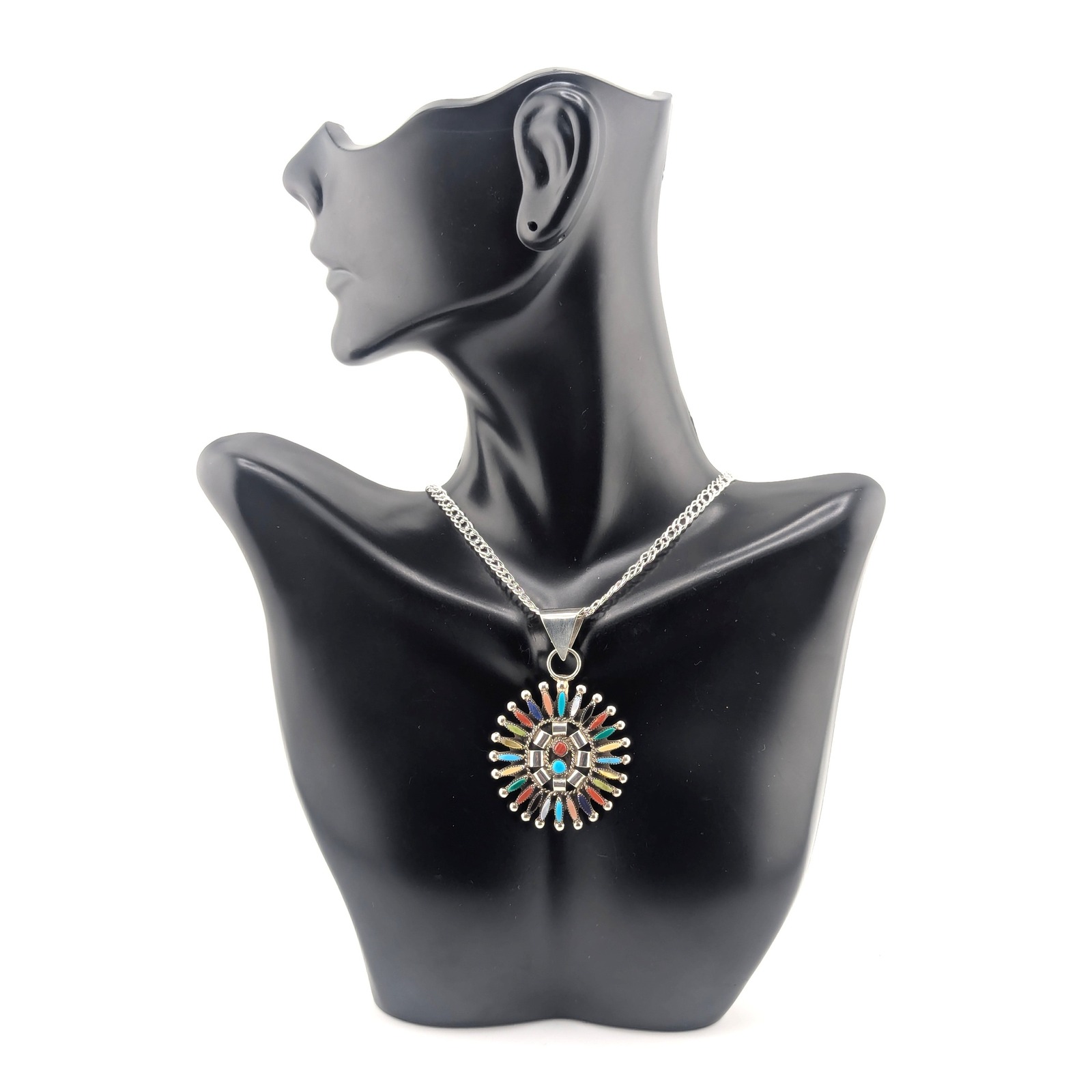Handmade Zuni Petite Needlepoint Multi-Stone Sunburst Cluster Pendant Necklace**